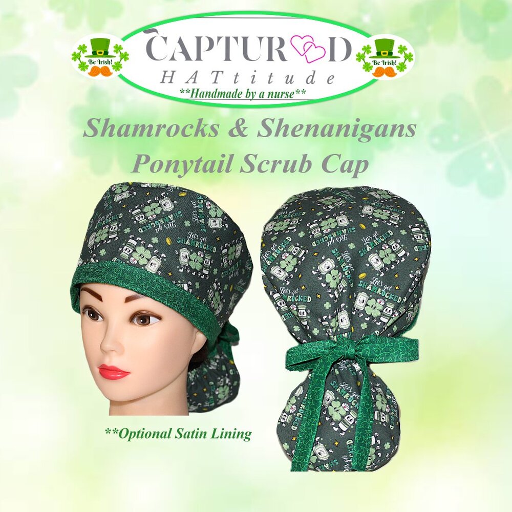 NWOT Womens Scrub Cap Get Shamrocked Ponytail Surgical Bonnet - Handmade